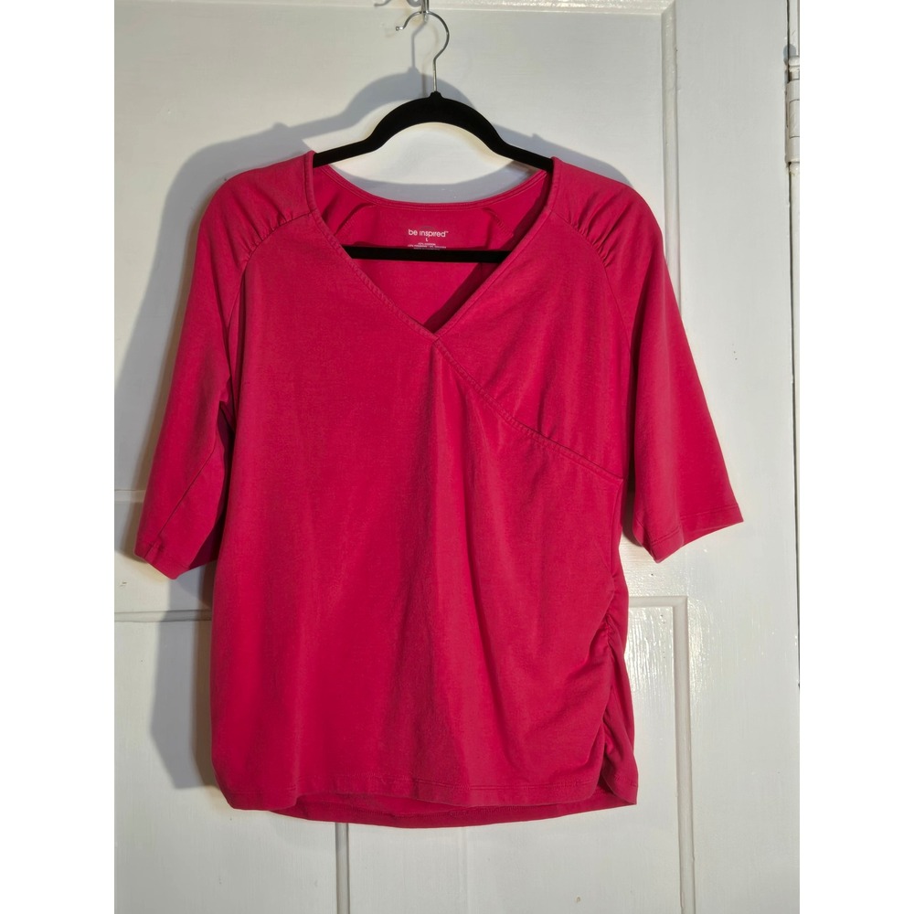 Be Inspired Pink Surplice V-Neck Ruched 3/4 Sleeve Activewear Top Large